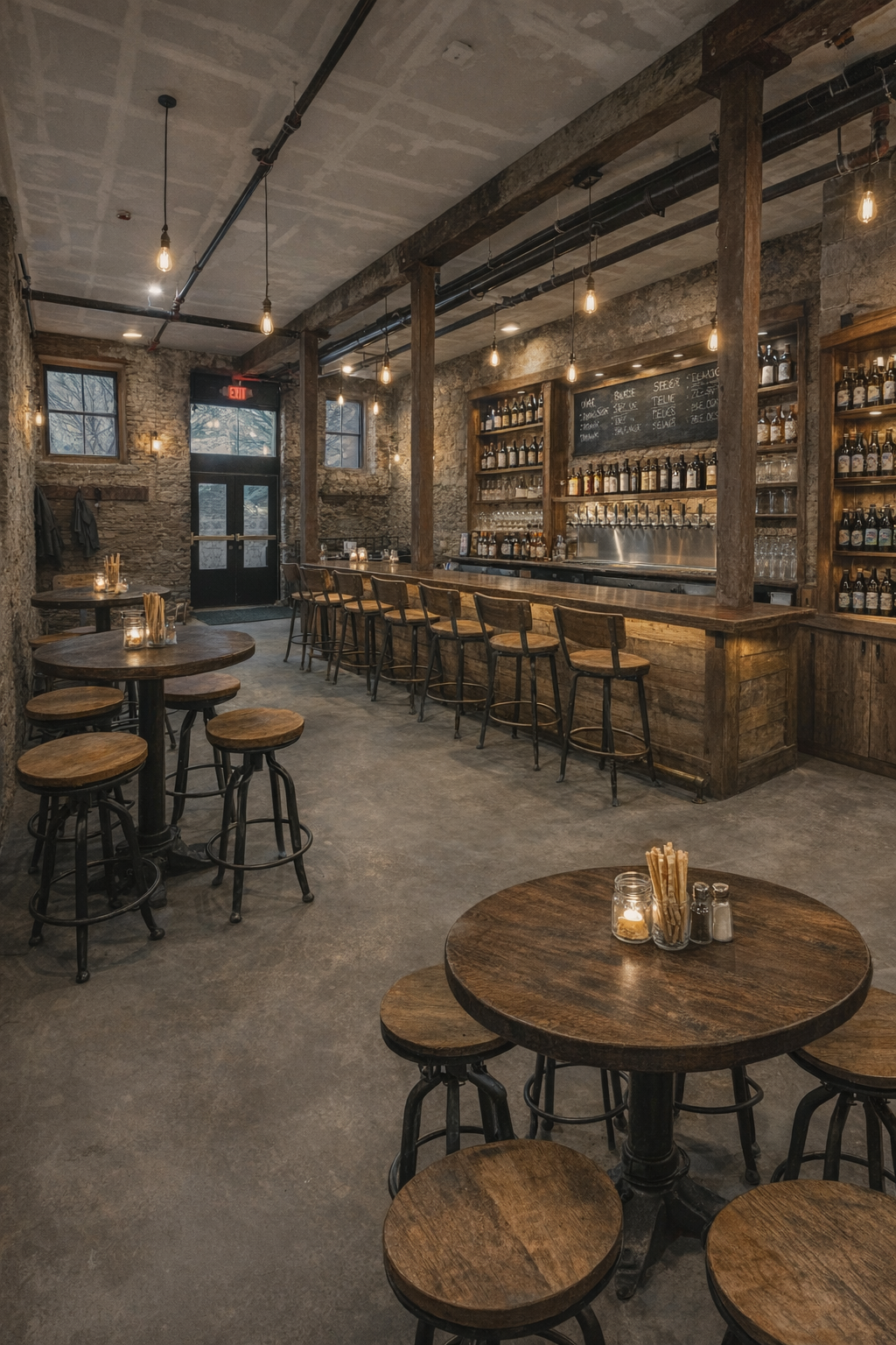 Interior of a rustic bar with wooden tables and stools, exposed brick walls, hanging Edison bulbs, a bar counter with bottles and glasses, chalkboard menu, and large windows.