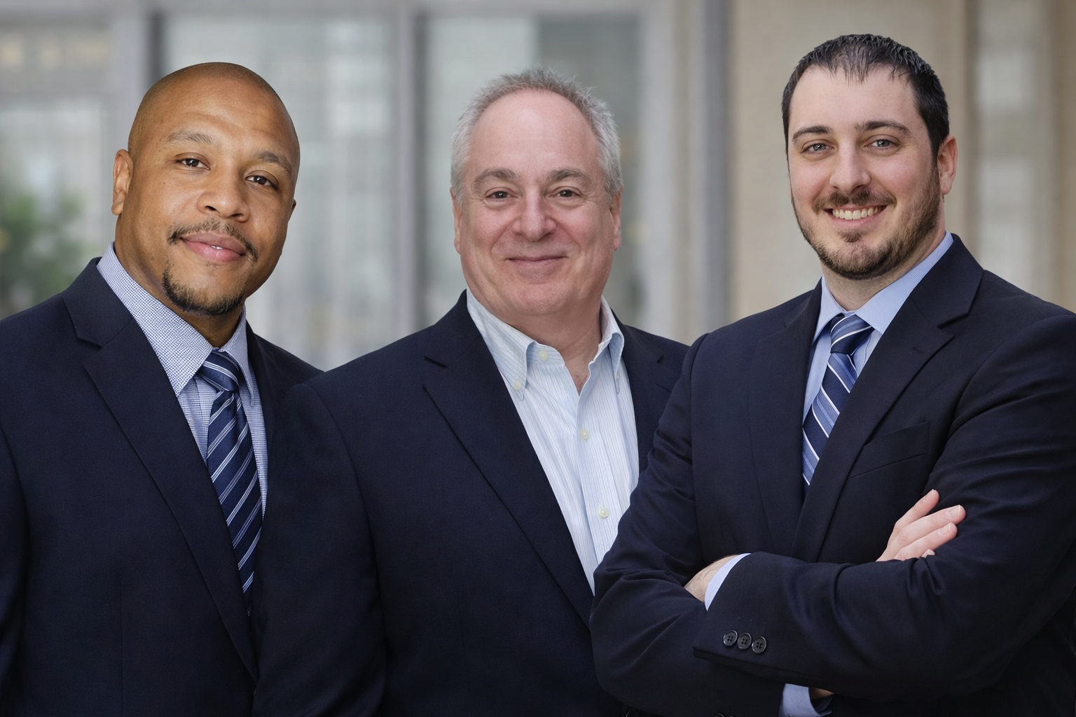 Three businessmen in suits standing together in an office building, looking at the camera and smiling.