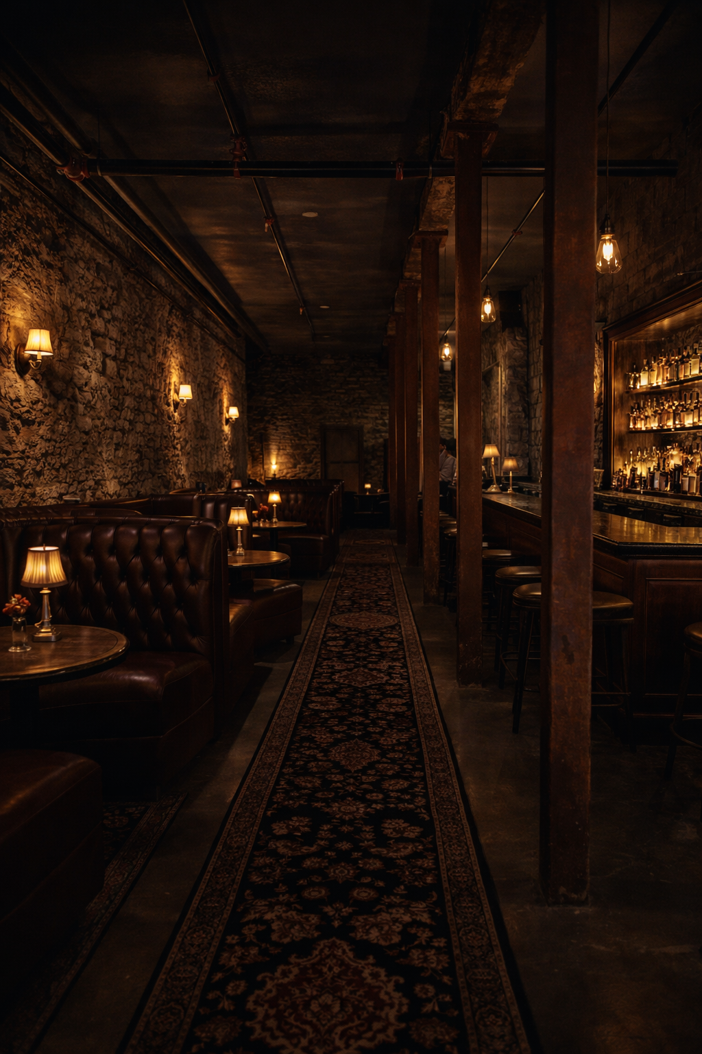 Interior of a dimly lit bar with leather booths, small lamps on tables, exposed brick walls, and a bar counter with shelves of bottles.