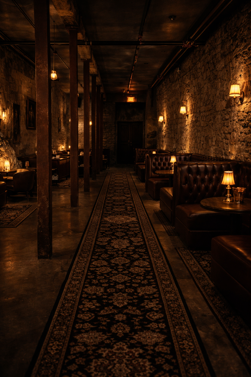 Dimly lit cozy bar or lounge with leather booth seating along exposed brick walls, warm wall-mounted lamps, and a long decorative carpet runner on the dark polished floor.