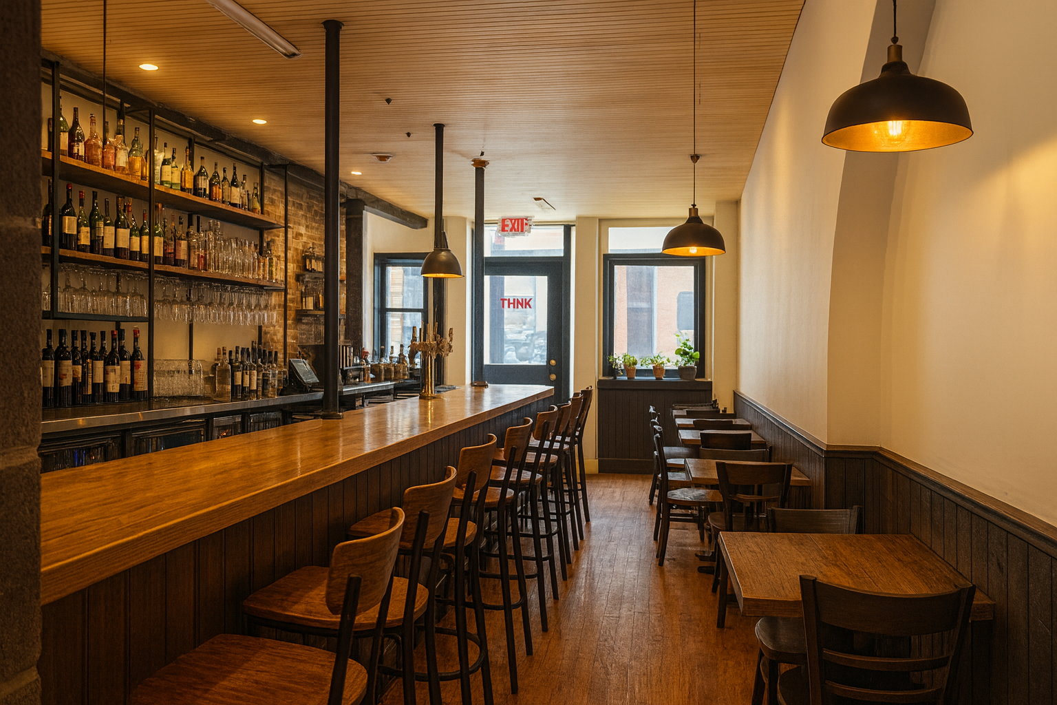 Empty bar with wooden counter and chairs, bottles and glassware on shelves behind the bar, small tables and chairs along the wall, large windows with potted plants, warm lighting, wooden floor and ceiling.