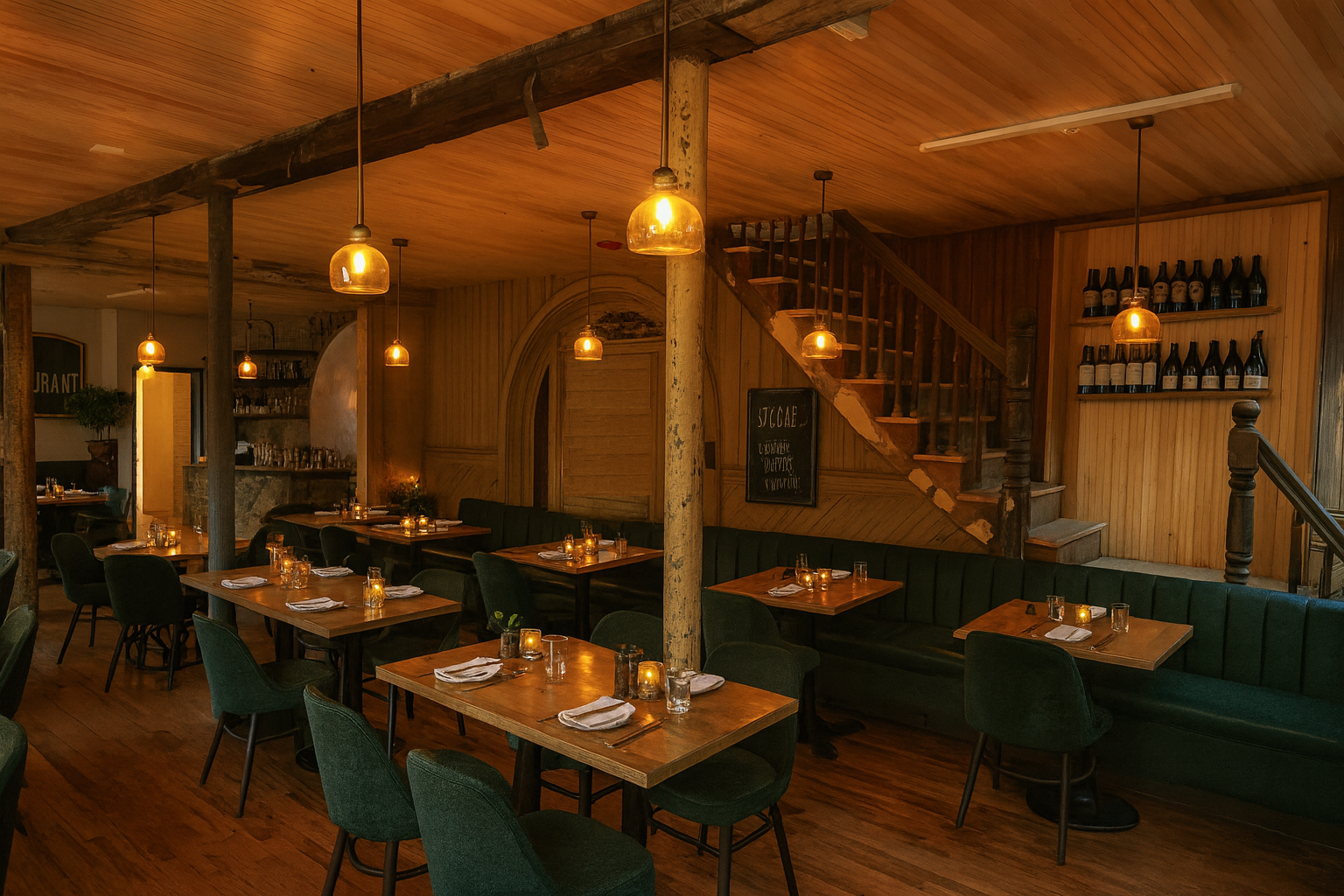 Empty candlelit dining area in a cozy restaurant with wooden interior, tables set with napkins, glasses, and candles, and a staircase leading to an upper level.