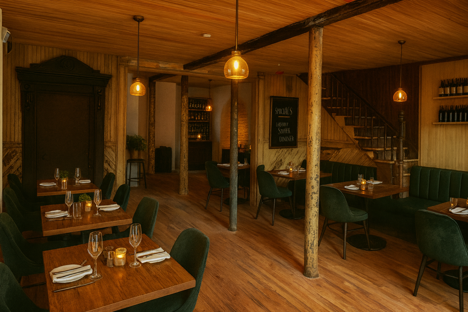 Interior of a cozy restaurant with wooden walls and floors, green upholstered chairs around wooden tables set with white napkins, wine glasses, and candles, rustic wooden staircase, and hanging pendant lights.
