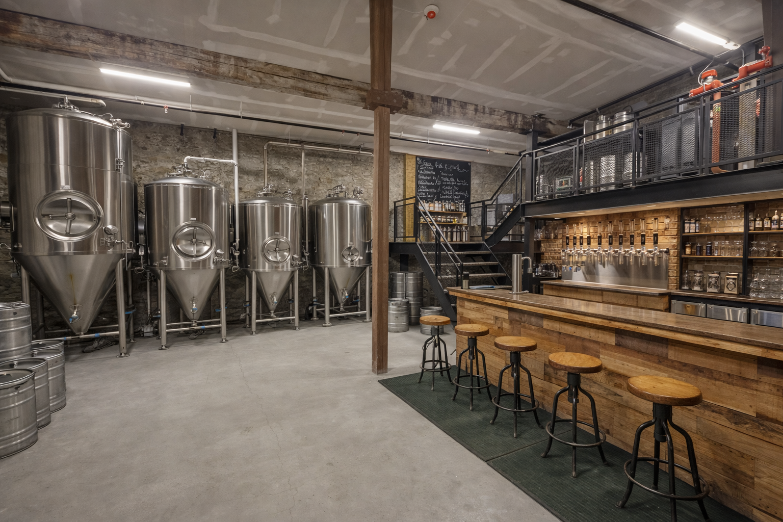 Interior of a brewery or taproom with stainless steel brewing tanks on the left, a wooden bar with five stools on the right, shelves with bottles and glassware, and a staircase leading to a second level.