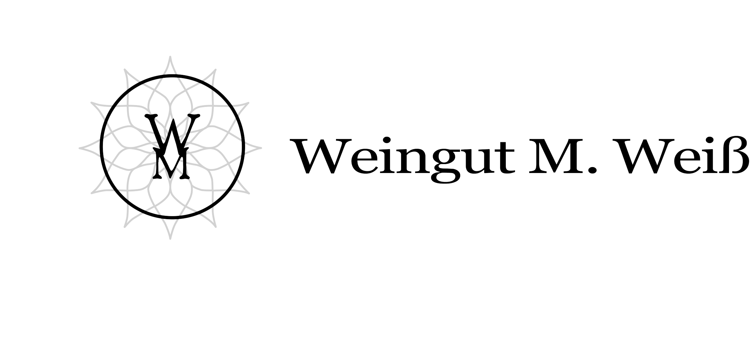 Logo für Weingut M. Weiß mit einem stilisierten Weinglas in einem dekorativen, kreisförmigen Rahmen und dem Text 'Weingut M. Weiß'