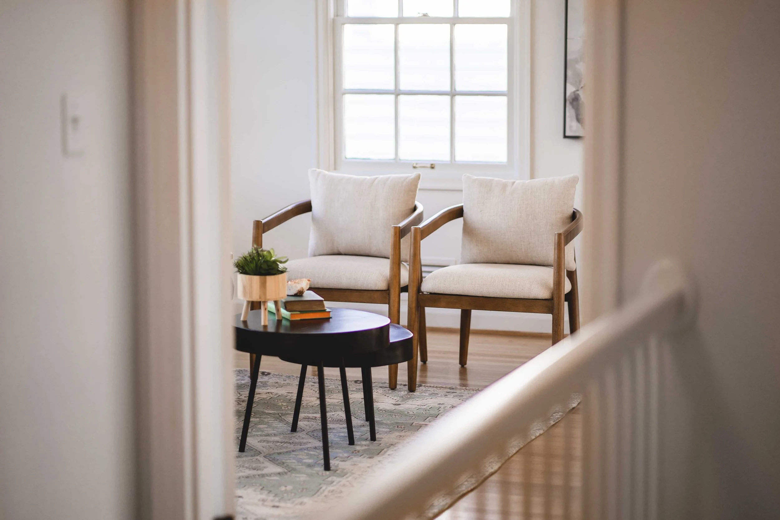 Living room with a tan leather sectional sofa, patterned throw pillows, a black coffee table with books and a plant, a black open shelving unit with books and decorations, a large potted plant, a textured rug, and a mirror on the wall reflecting a window.