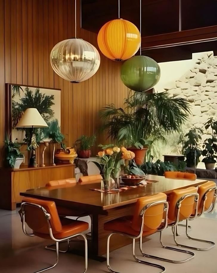A vintage wooden dining table with eight orange chairs, decorated with a glass vase of yellow flowers, in a retro-style room with wood-paneled walls, potted plants, and colorful hanging lamps.