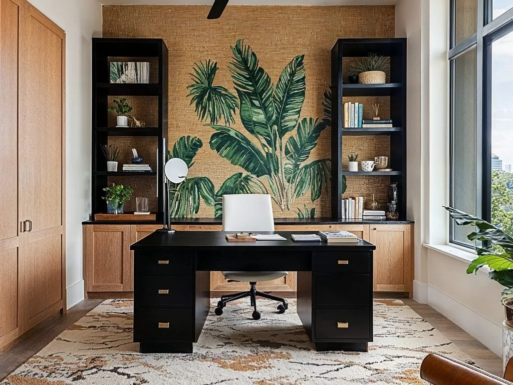 Modern office with a black desk, white chair, large window, and a botanical wall mural in the background.
