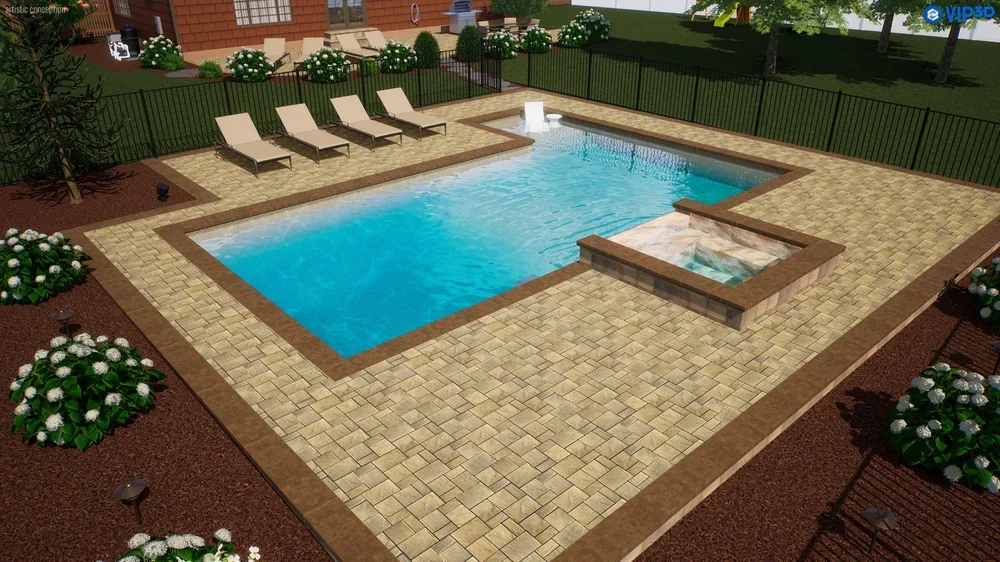 A backyard swimming pool with a hot tub, surrounded by a paved patio with lounge chairs, flower beds, and a black fence, in a landscaped yard with grass and trees.