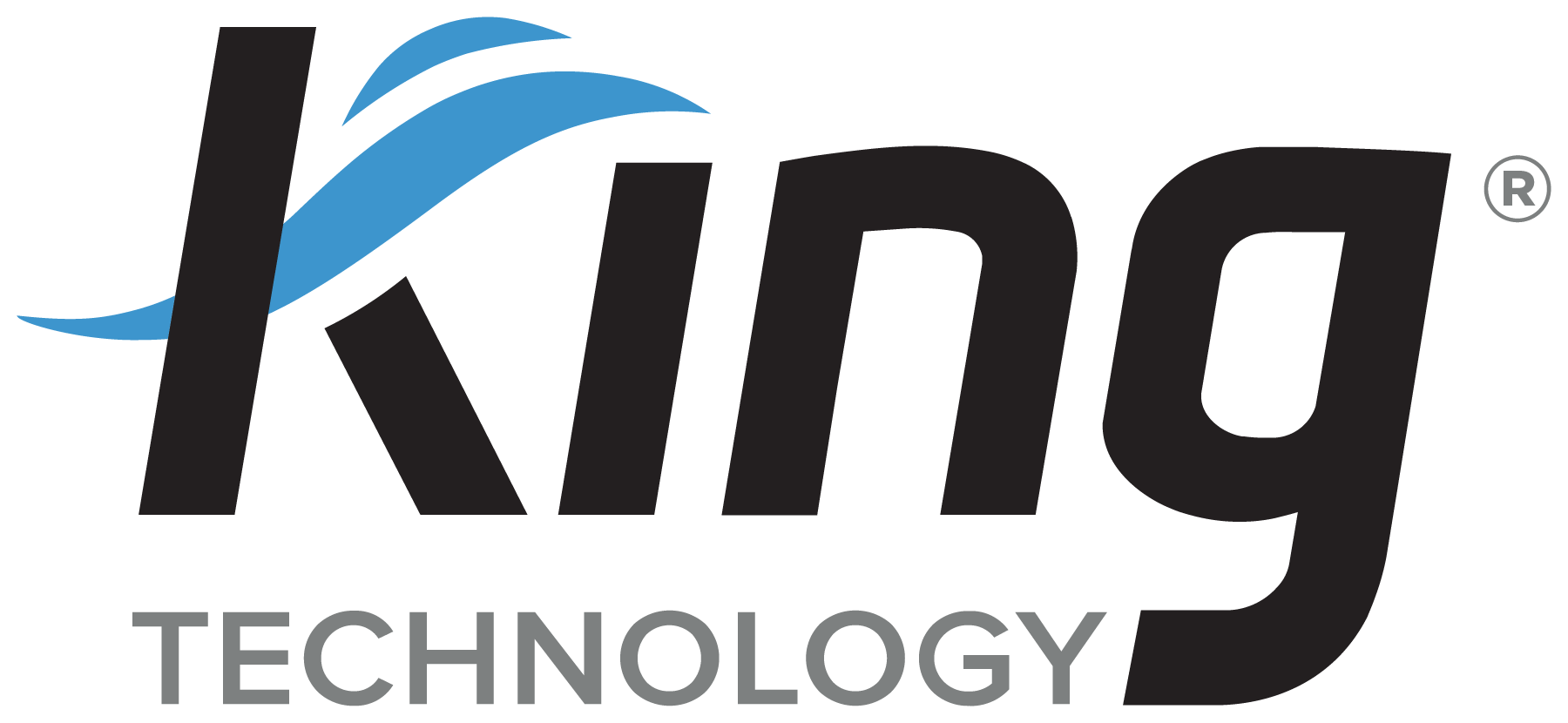 Kinetiq Technology logo with black text and blue curved lines.