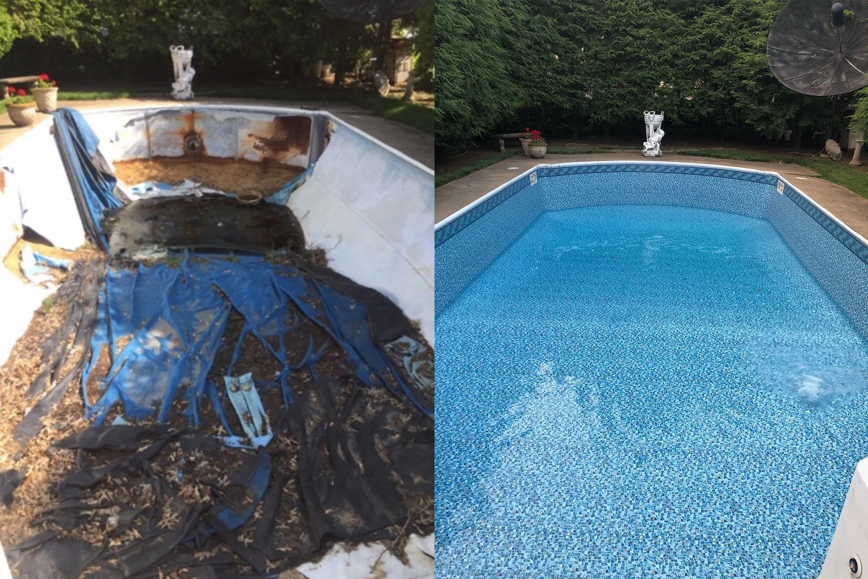 Comparison of an old, damaged swimming pool on the left and a renovated, clean swimming pool on the right.