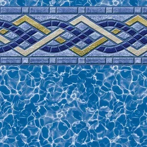 Close-up of a swimming pool with patterned tile border and clear, rippling water.