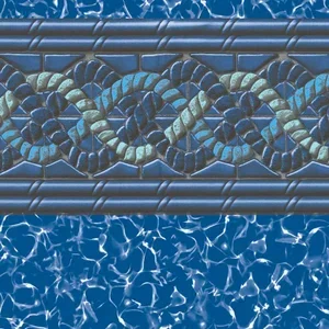 Close-up of a decorative tile with a snake pattern in shades of blue, green, and black, above a swimming pool with rippling water.