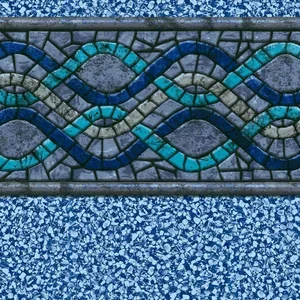 Close-up of a mosaic tile border with a wave pattern in shades of blue and gray, adjacent to a textured blue surface.