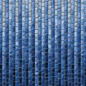 Blue mosaic tile wall with small rectangular tiles arranged in a grid pattern