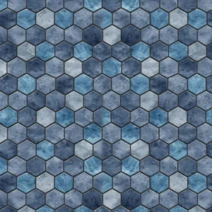 Close-up of blue hexagonal mosaic tiles with varying shades of blue.