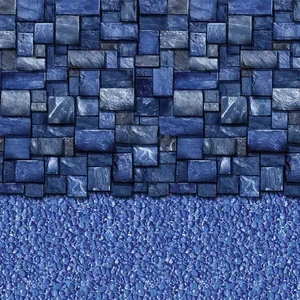Close-up of a textured wall with blue square tiles above a rough blue surface.