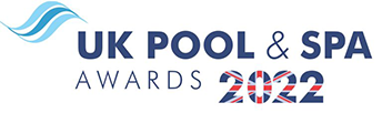 UK Pool & Spa Awards 2022 logo with blue waves and British flag-themed text.
