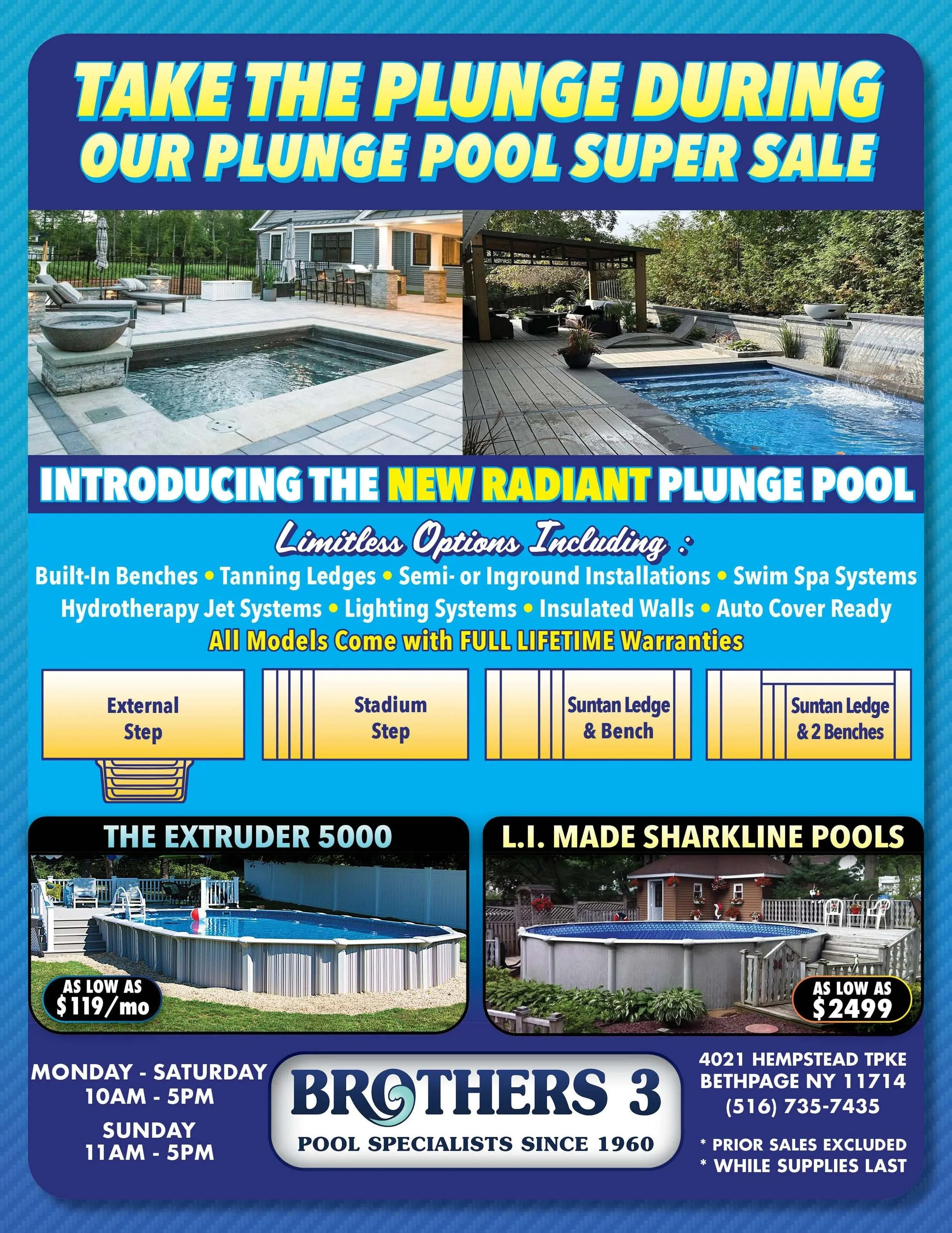 A promotional flyer for a pool sale featuring images of various in-ground pools, including different designs and sizes, with details about warranties, installation options, and pricing.