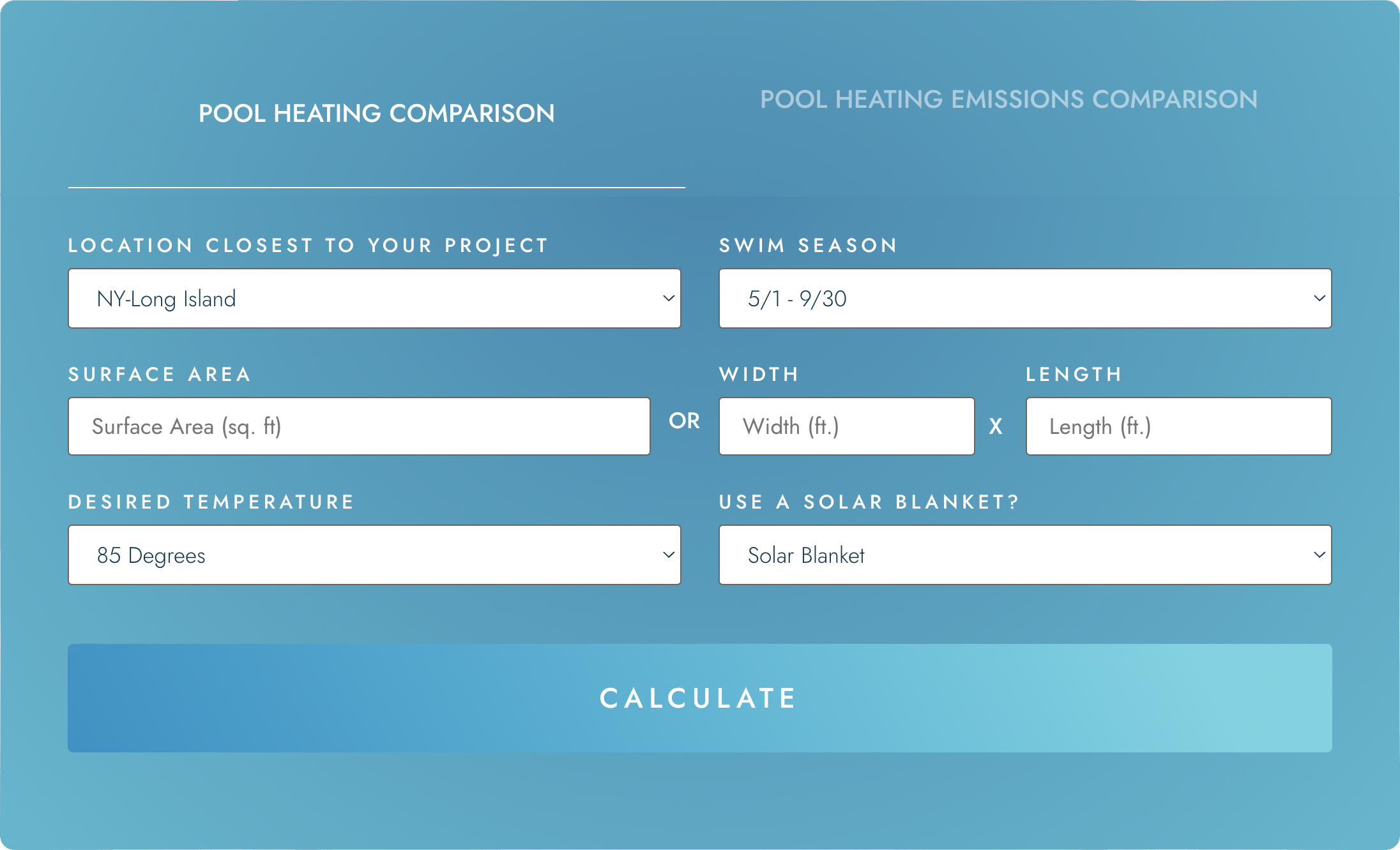 A digital form titled 'Pool Heating Comparison' with options for location, swim season, surface area, width, length, desired temperature, and solar blanket usage, and a blue 'Calculate' button at the bottom.