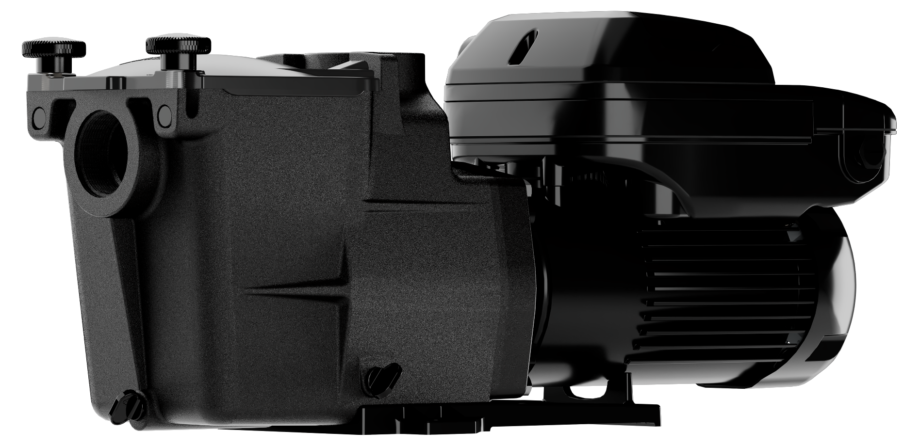 A black industrial pump with a large motor and a metal housing.