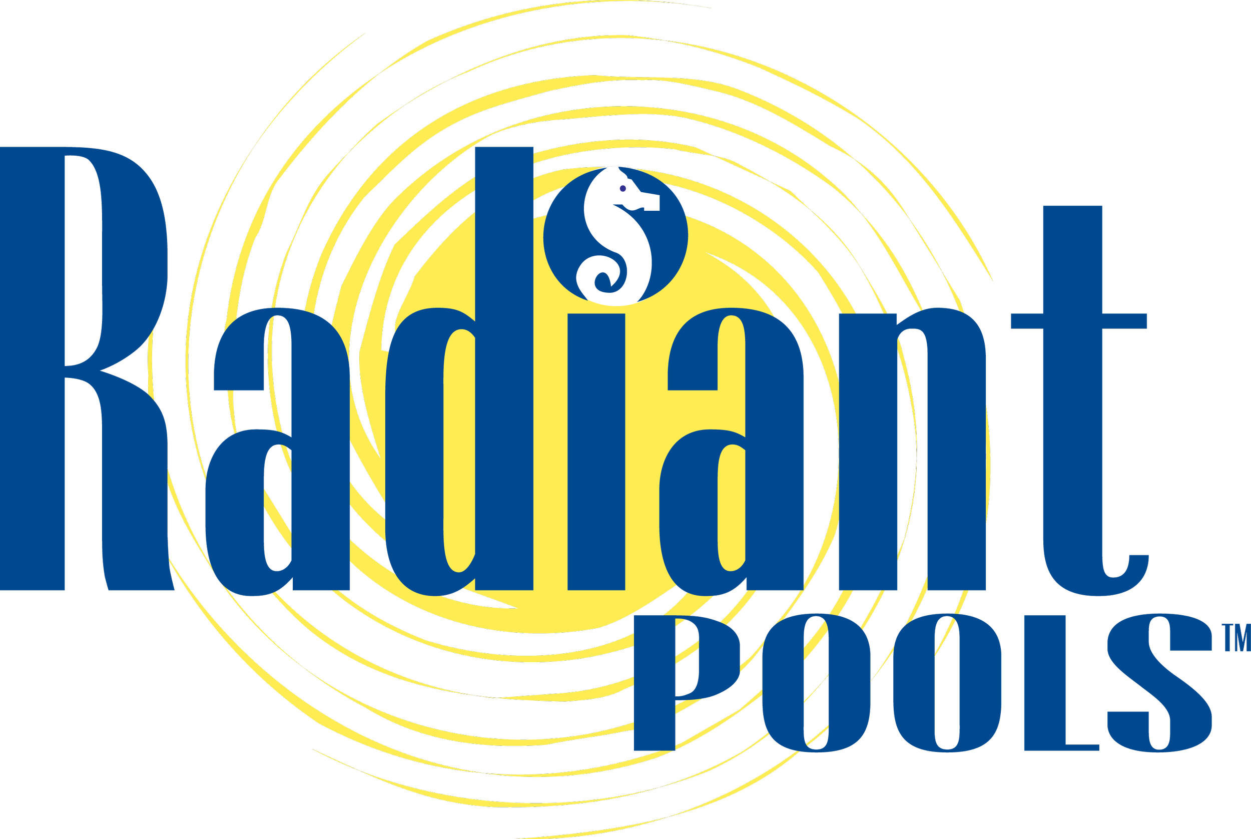 Logo for Riddit Pools with yellow spiral design in background and blue text that says 'Riddit Pools' and a seahorse icon inside a blue circle.