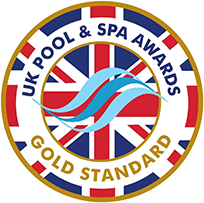 UK Pool & Spa Awards Gold Standard badge with Union Jack flag and blue waves.
