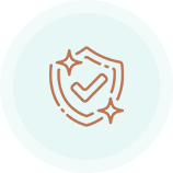 Line drawing of a shield with a check mark inside, surrounded by a circle, on a teal background.