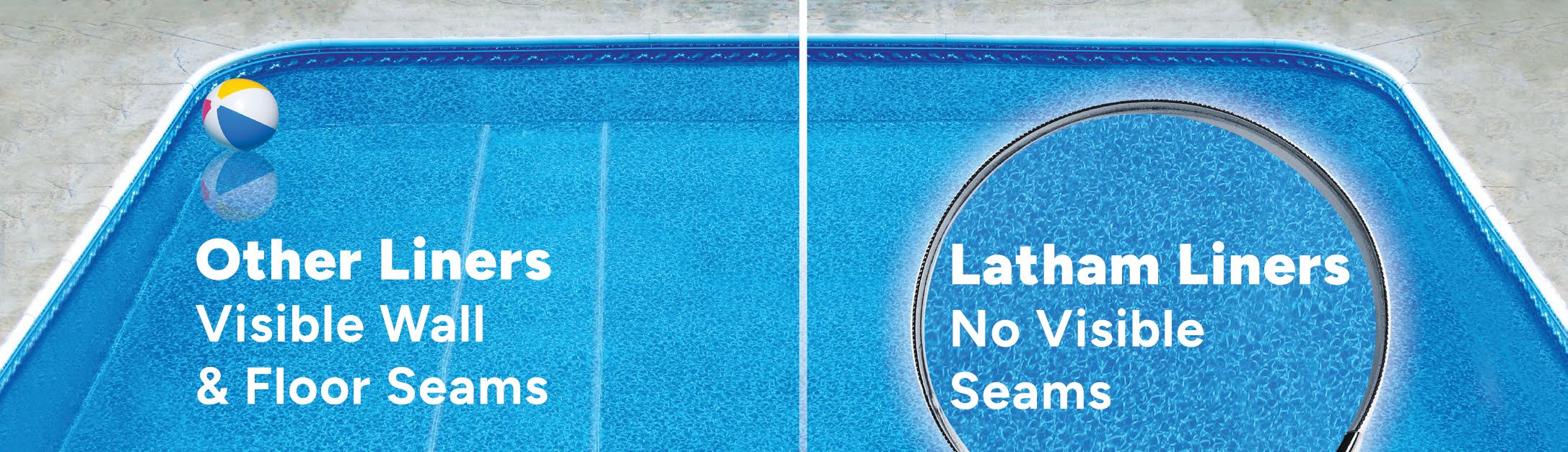 Comparison of pool liners showcasing visible wall and floor seams with Latham liners having no visible seams, and other liners showing visible wall and floor seams.