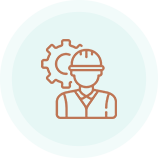 Icon of a person wearing glasses with gears in the background, representing engineering or technical work.