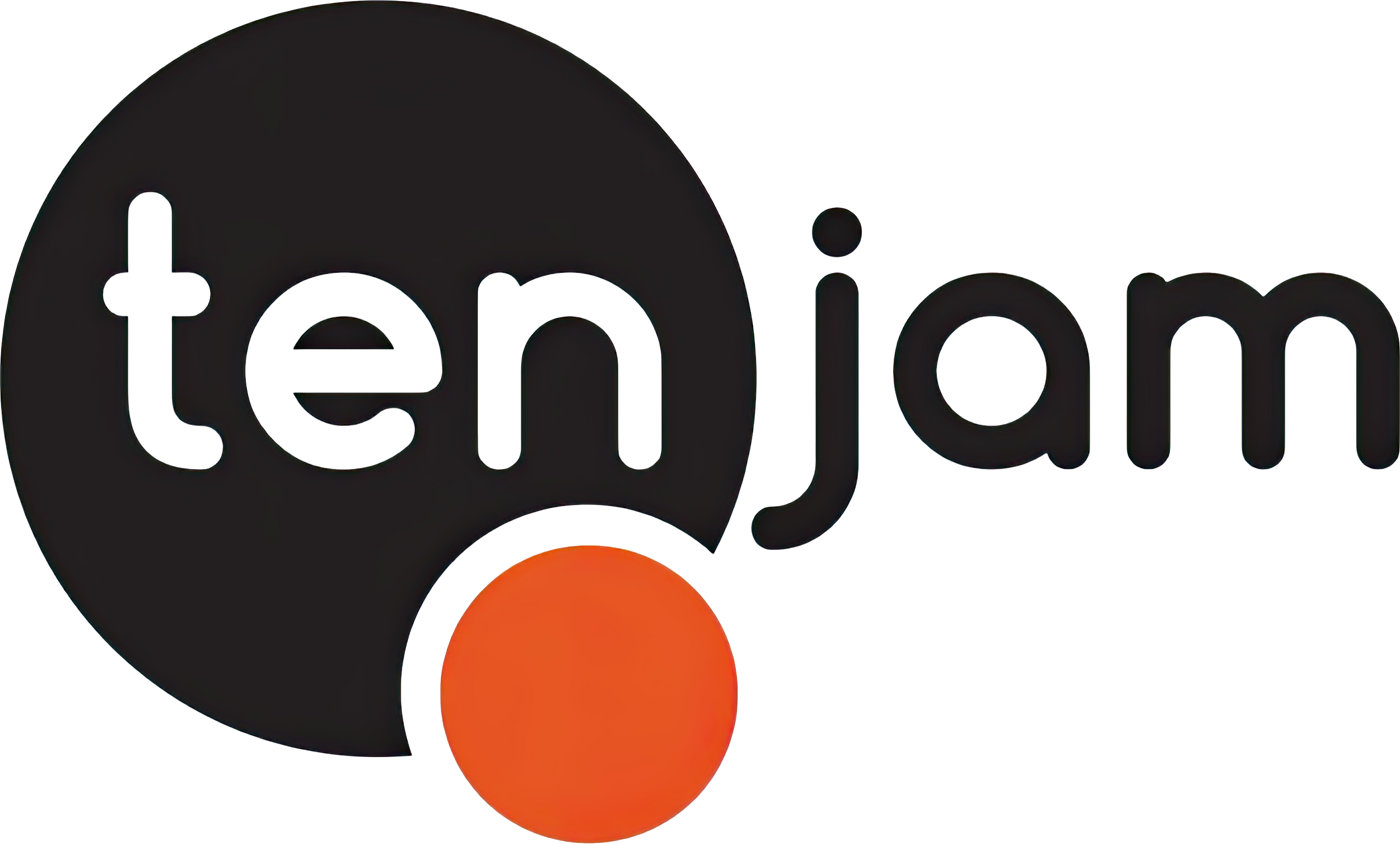 Logo with the text 'ten' in white on a black speech bubble and 'jam' in black on a grey background, with an orange circle overlapping the bottom of the speech bubble.