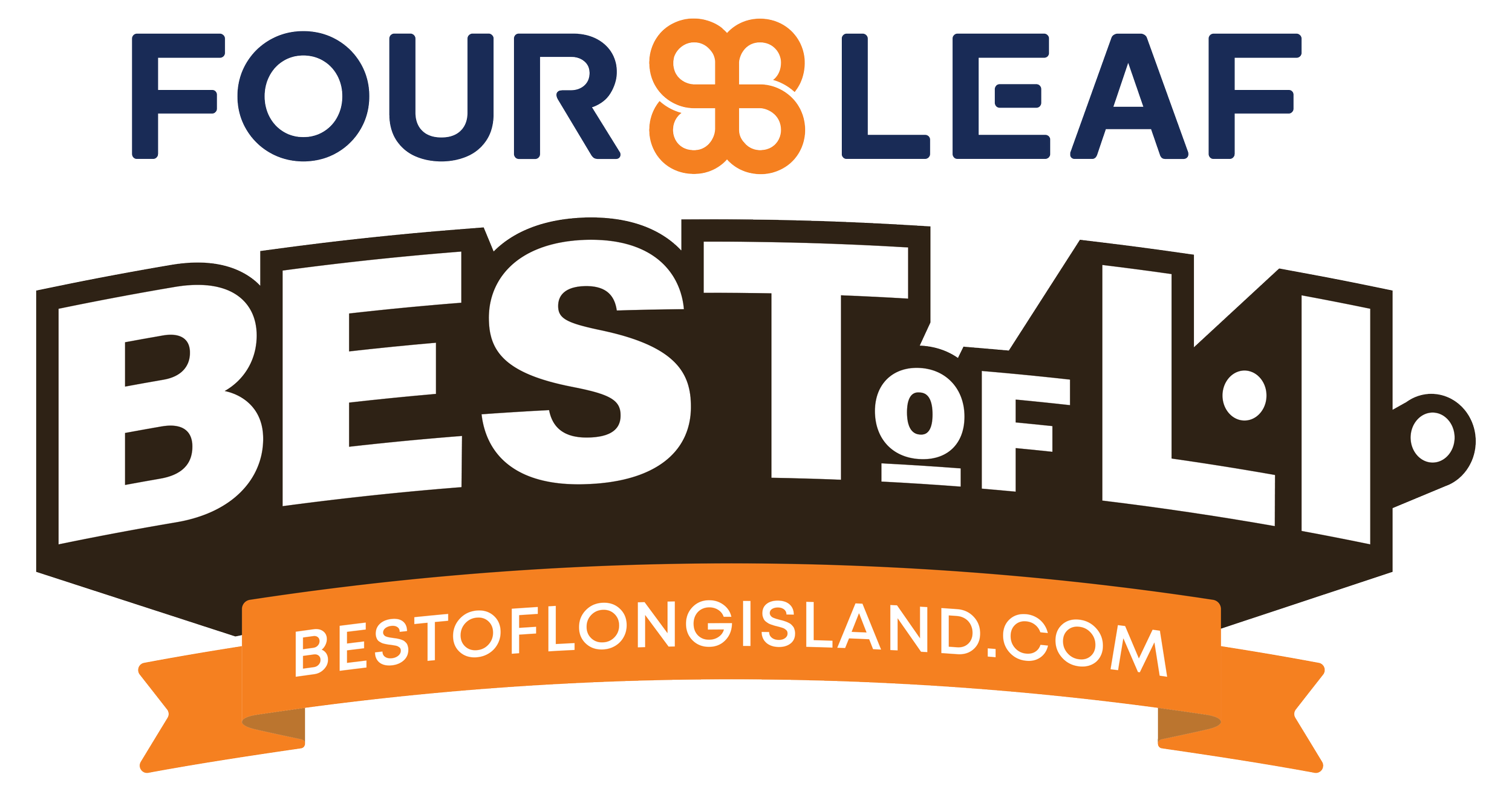 Logo for Four & Leaf Best of Long Island featuring a stylized text with a dark brown and orange color scheme and a web address: bestoflongisland.com.
