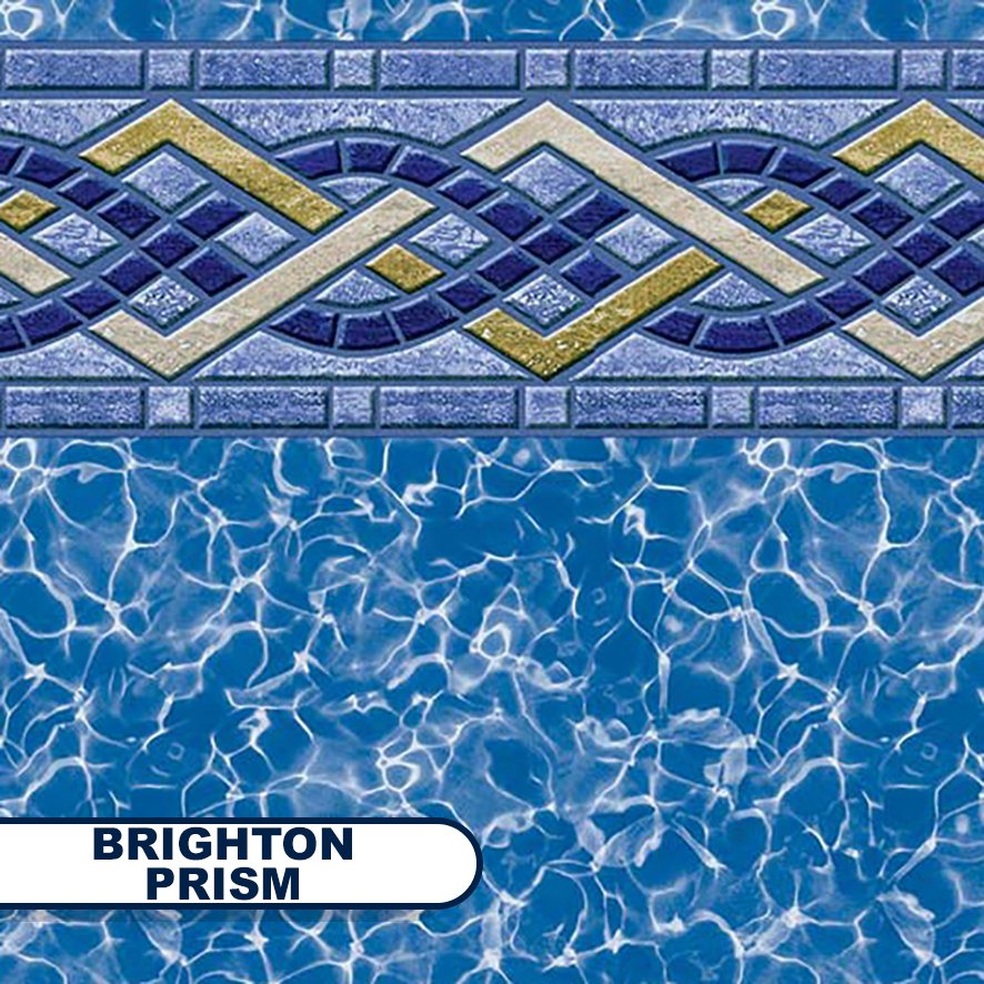 Close-up view of a blue swimming pool with a decorative tile border featuring geometric patterns in blue, cream, and gold.