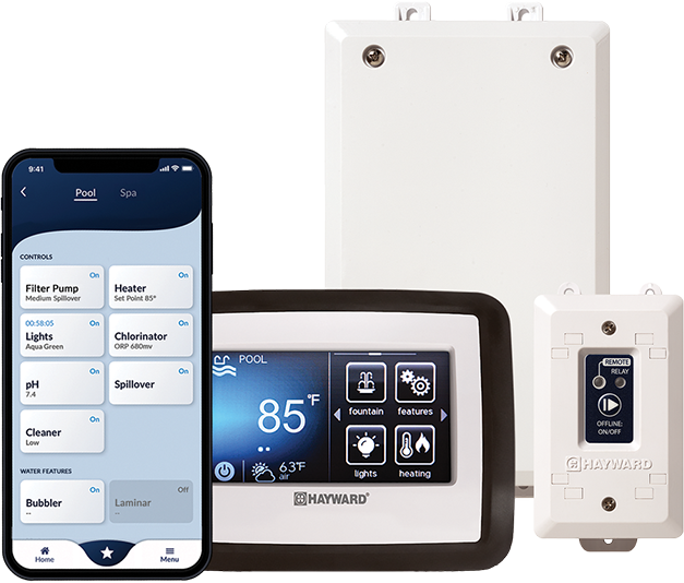 Smart pool control system with a smartphone app, a digital control panel, and remote devices for managing a swimming pool's features.