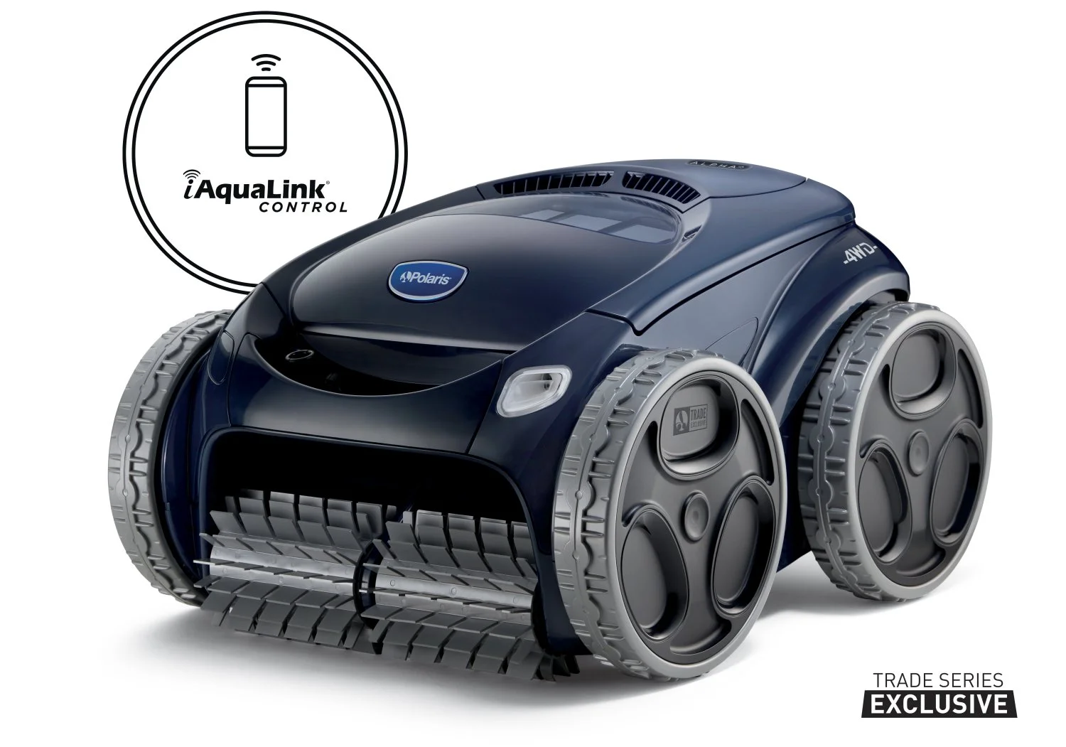 A Polaris autonomous robot cleaner with large wheels, a dark blue body, and a robotic arm on the front, has an iAquaLink Control icon in the top left corner and Trade Series Exclusive label in the bottom right corner.