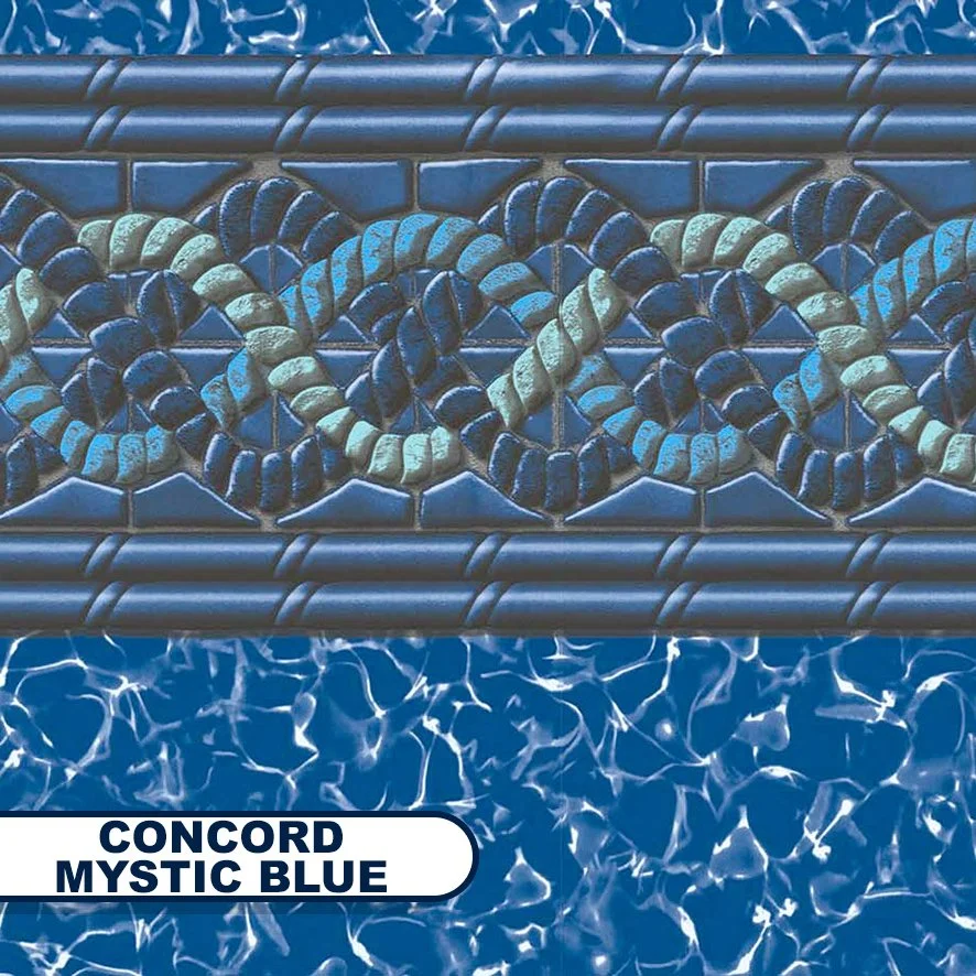 Close-up of a mosaic with the word 'Peace' in cursive, made of blue, white, and beige tiles, placed above a swimming pool with blue water. Text overlay reads 'CONCORD MYSTIC BLUE'.