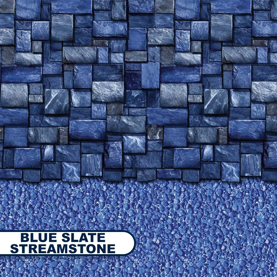 Close-up of a textured wall made of blue slate streamstone tiles, arranged in a pattern, with a label at the bottom left reading "Blue Slate Streamstone."