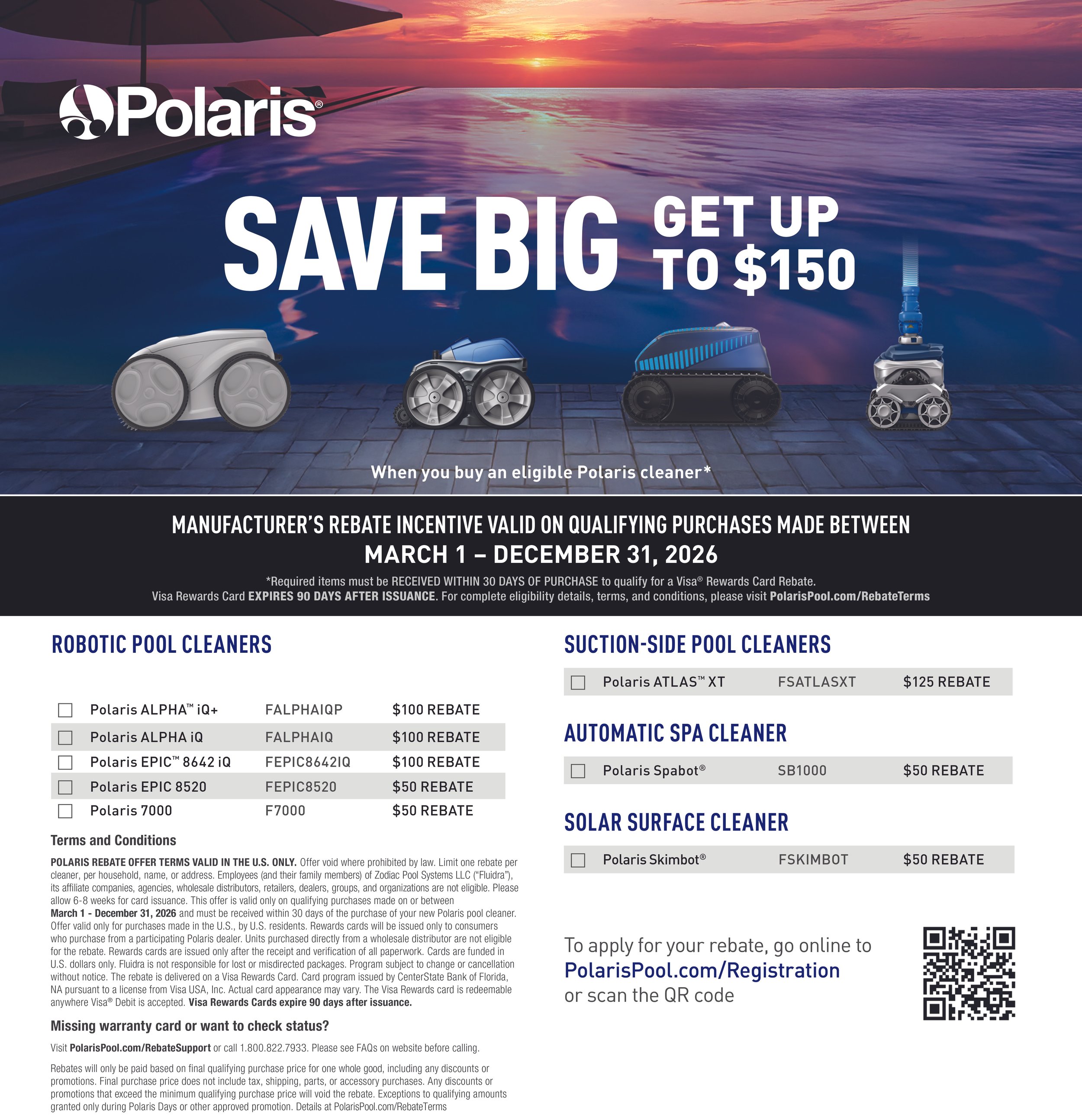 Promotional advertisement for Polaris pool cleaners featuring a sunset over a pool, with various Polaris pool cleaning robots and a bold message about savings and rebates.