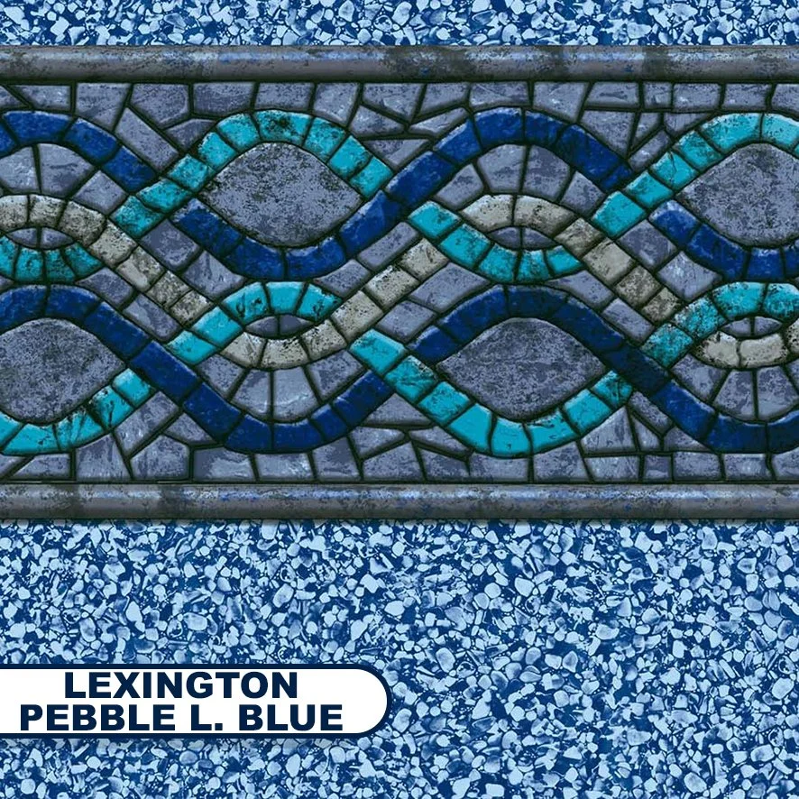 Close-up of a mosaic border with blue, teal, and gray tiles, surrounded by a blue speckled surface.