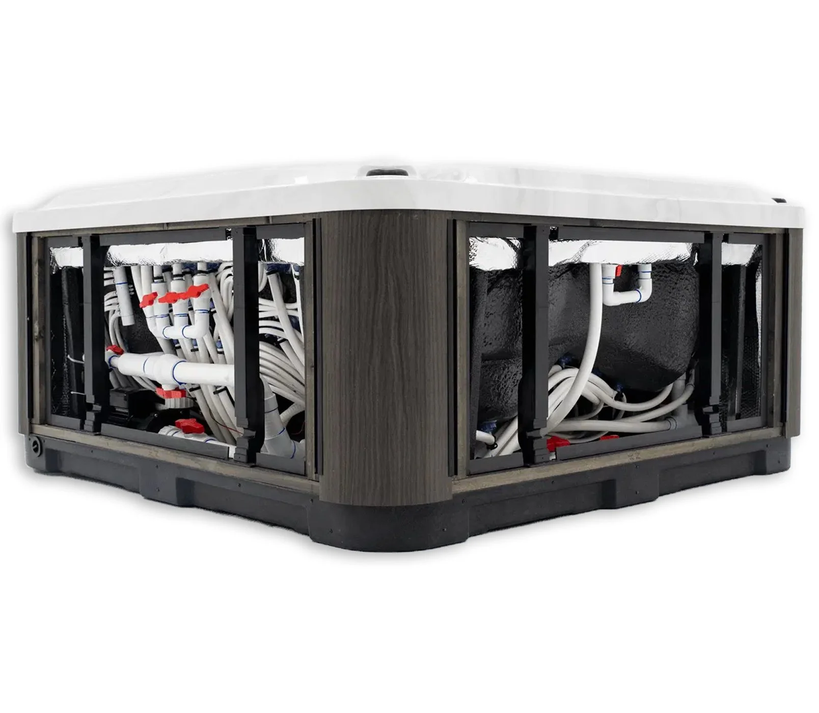 An under-the-cabinet wine cooler with exposed internal wiring and pipes, with a partial wooden finish exterior.