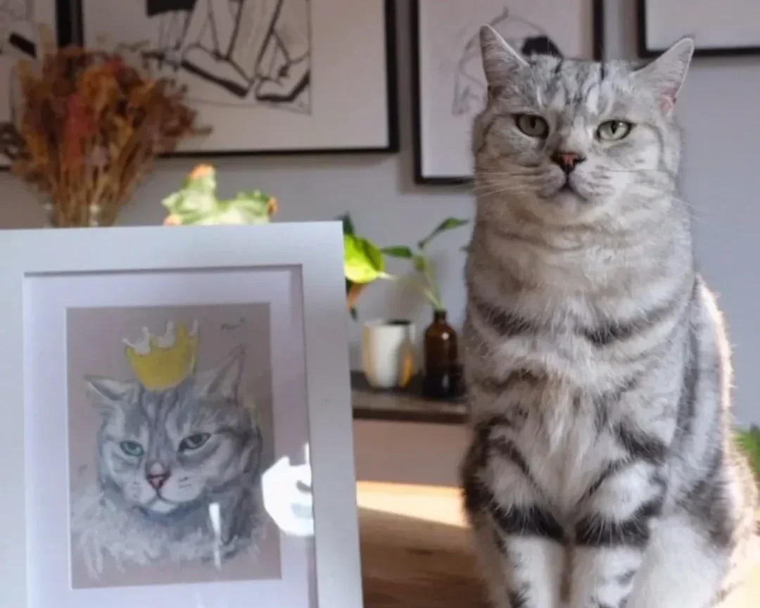A tabby cat sitting on a wooden surface next to a framed Quick&Quirky drawing the same cat with a crown on its head.