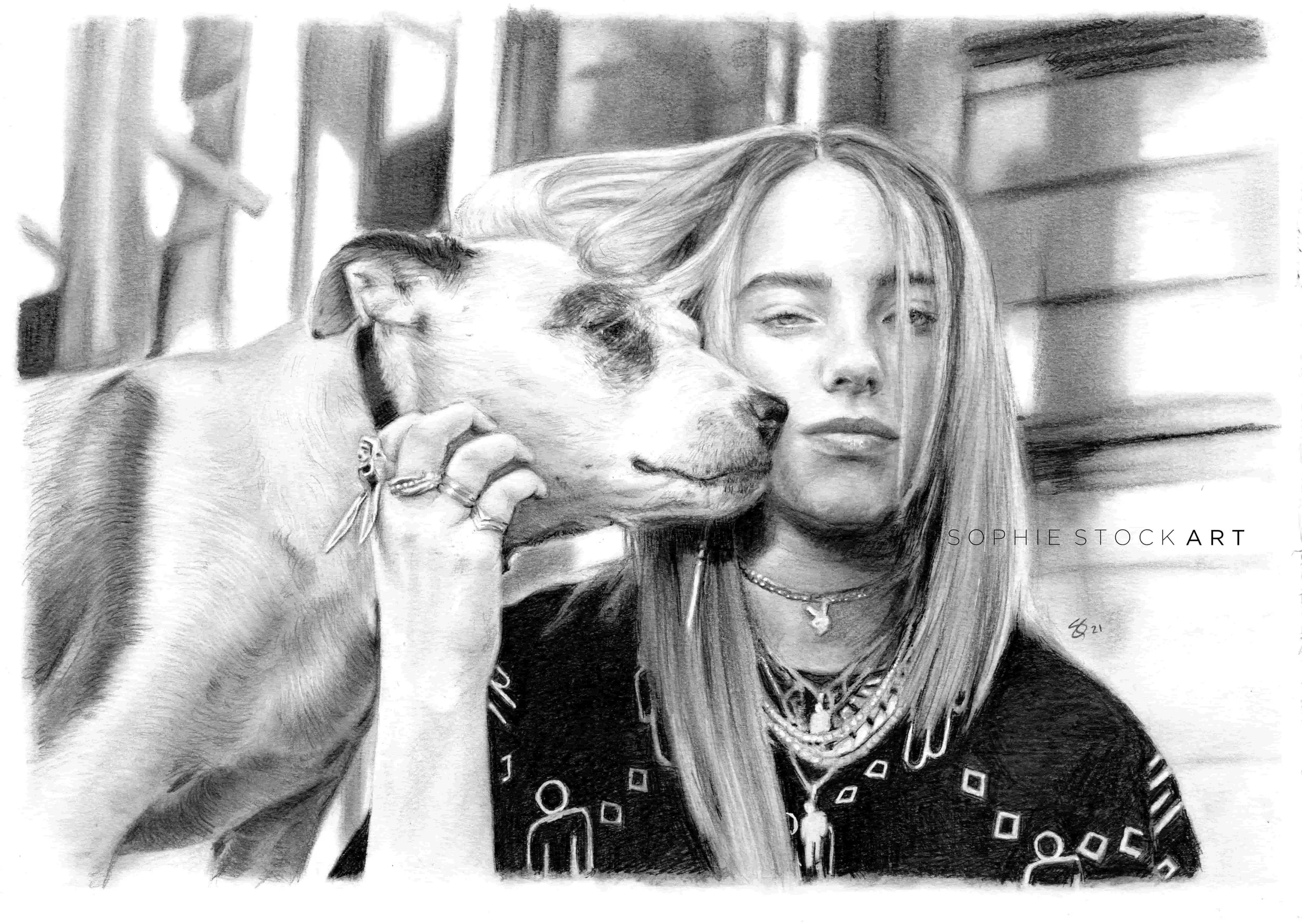 Billie Eilish and Pepper - graphite portrait - A4 size - from £110