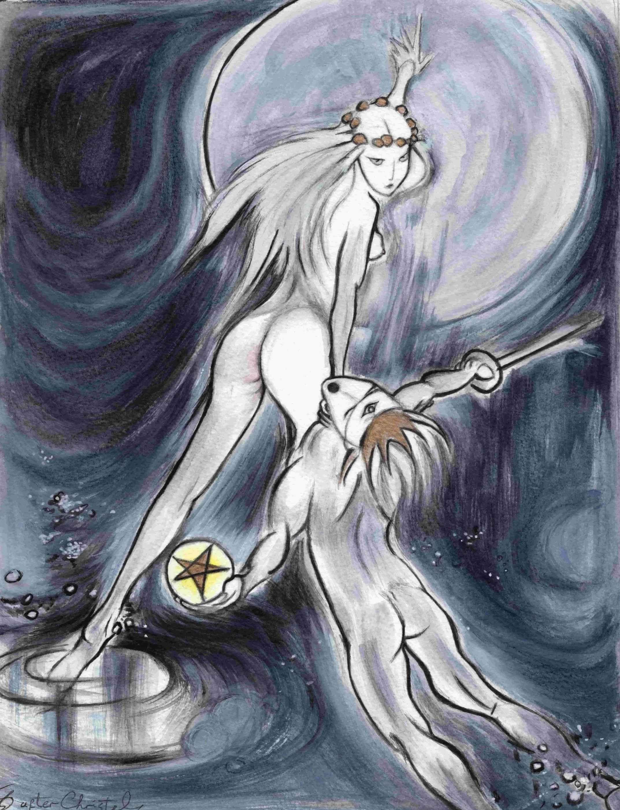 A fantasy scene depicting a mermaid with flowing hair and a crown of shells, holding a sword while standing on a fish-like creature. The background features a swirling night sky with the full moon and cosmic elements.