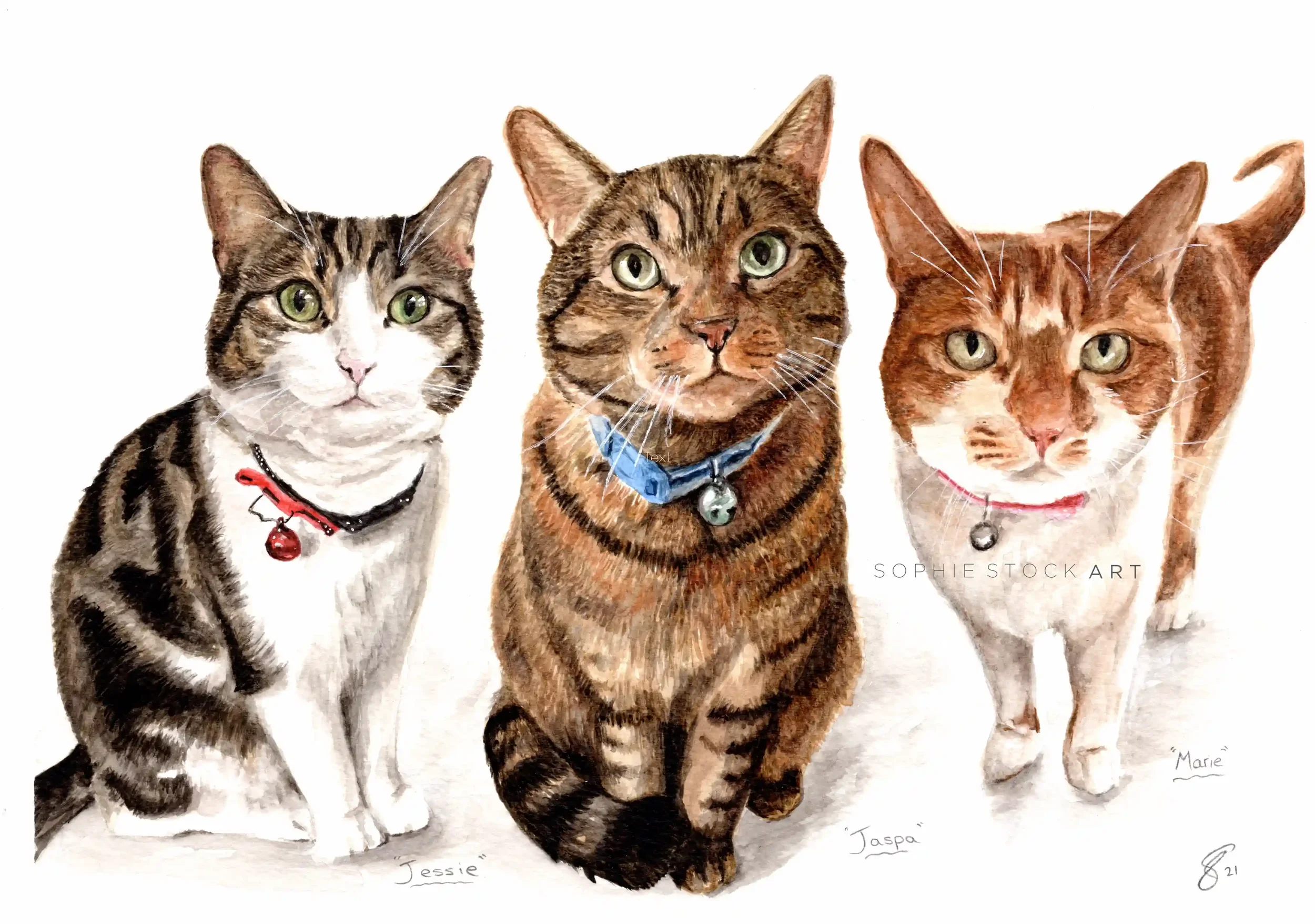 Jessie, Jaspa, Marie - Watercolour Portrait - A4 Size - from £130