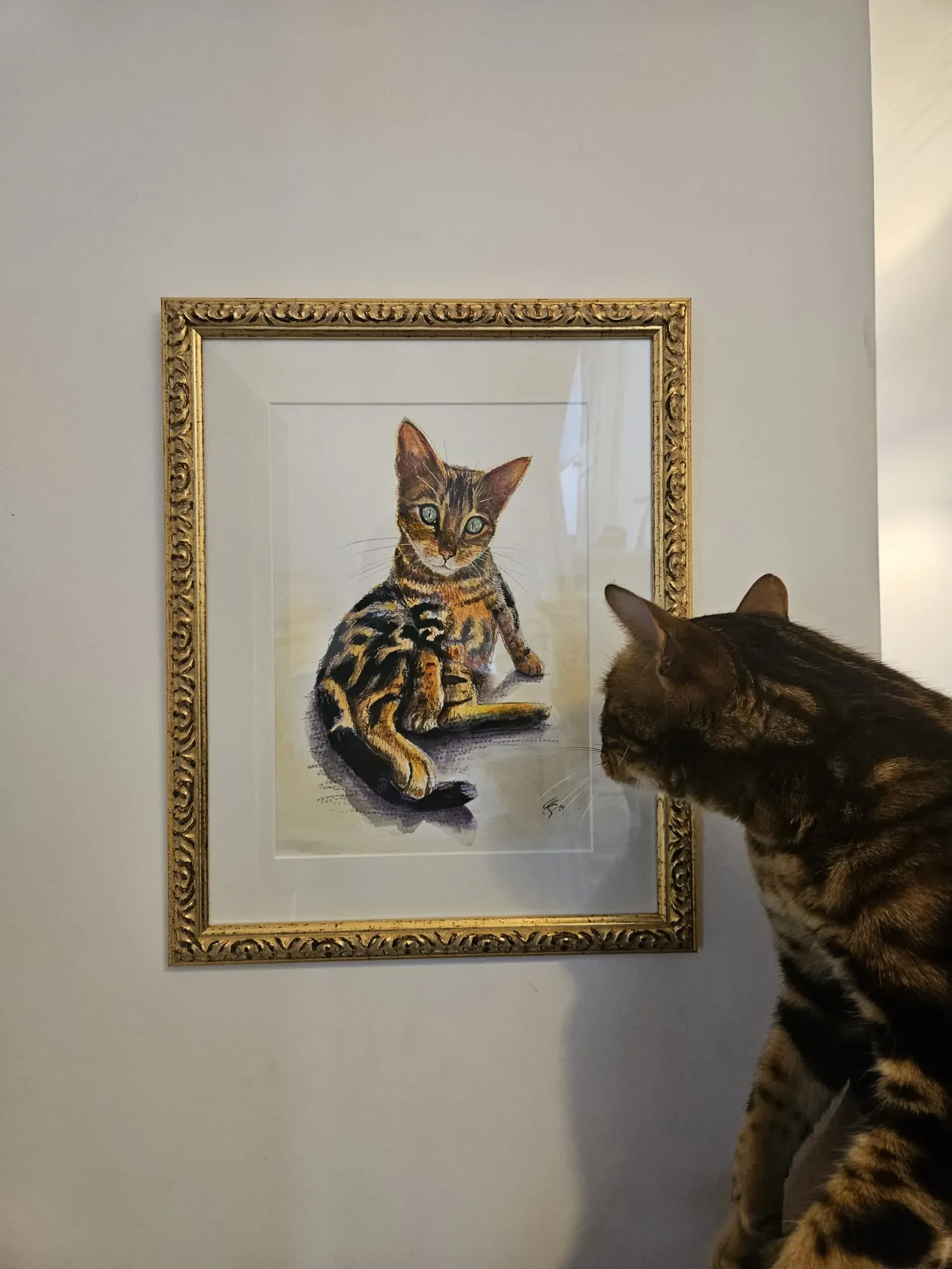 A tabby cat looking at a framed painting of itself on a white wall. Framed Playful Pawtrait by Sophie Stock Art