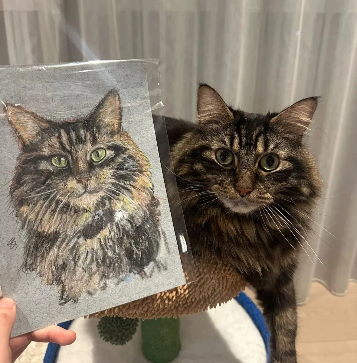 A real tabby cat with green eyes sitting next to a Quick&Quirky pet portrait of itself.