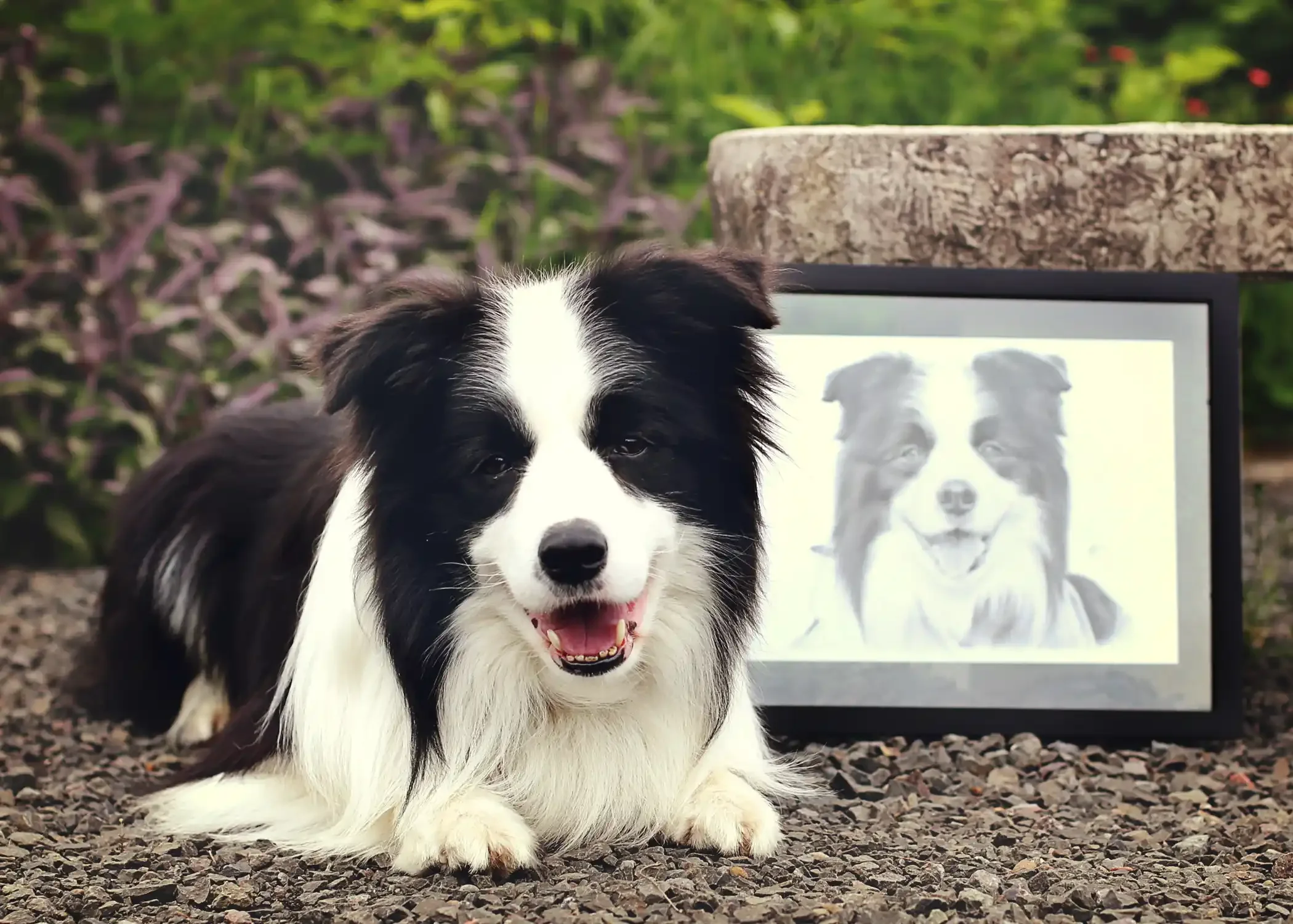 A black and white Border Collie dog lying on gravel ground outdoors with a framed picture of the same dog behind it. Dasher, A4 Graphite, USA.