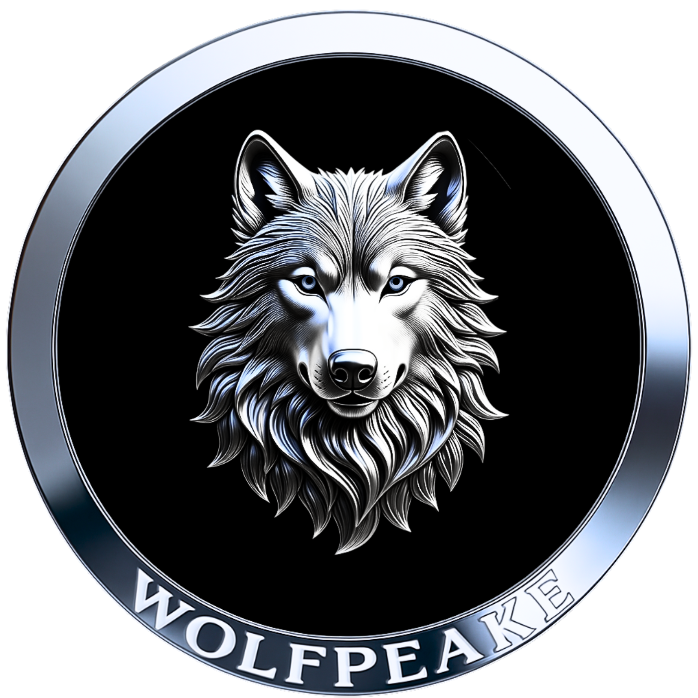 A metallic emblem featuring a wolf's head with detailed fur and piercing eyes, encased in a circular silver border with the word "WOLFPACK" at the bottom.
