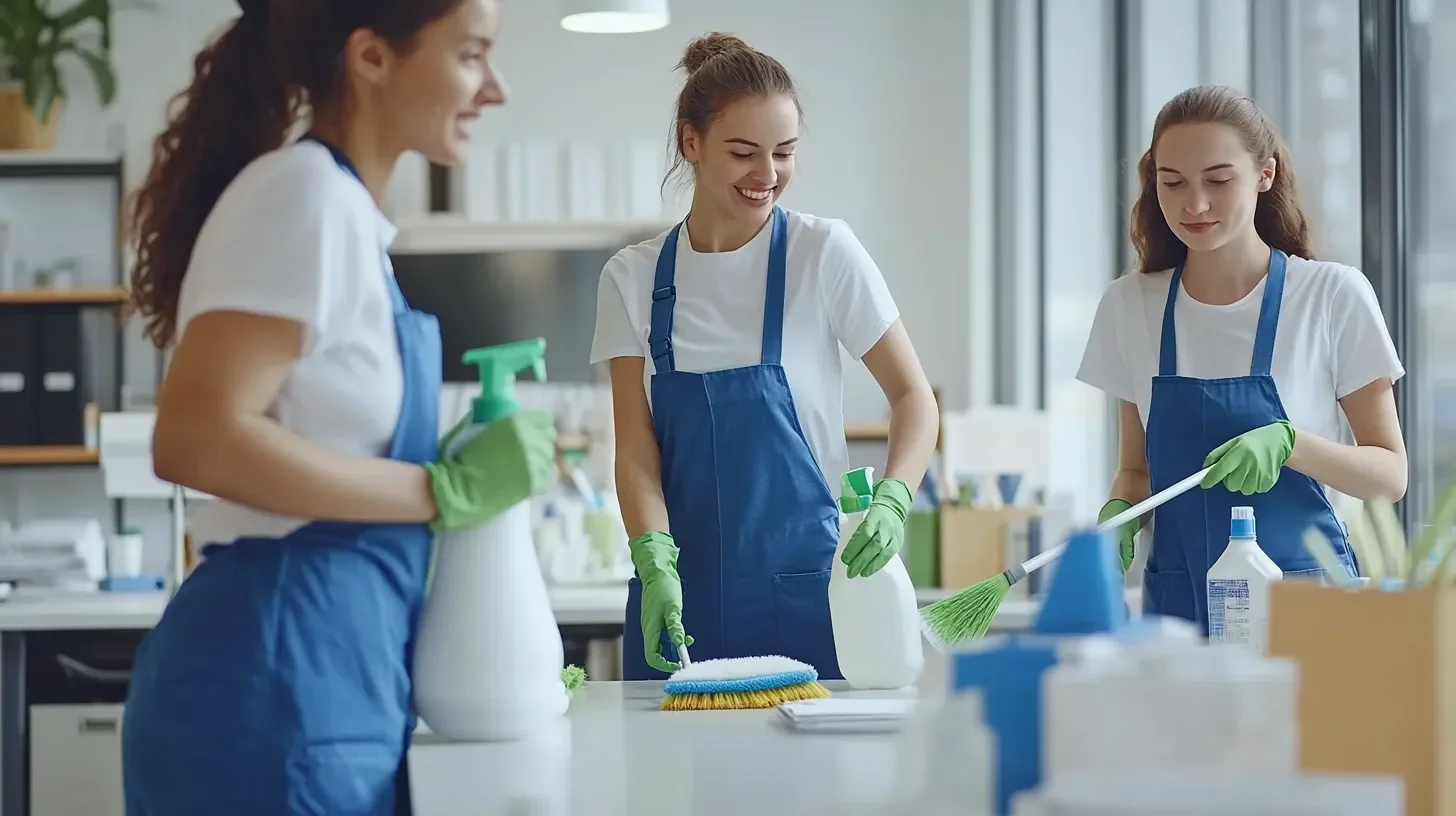 Three women wearing white shirts and blue aprons cleaning with spray bottles, sponges, and brushes in a bright, modern room.