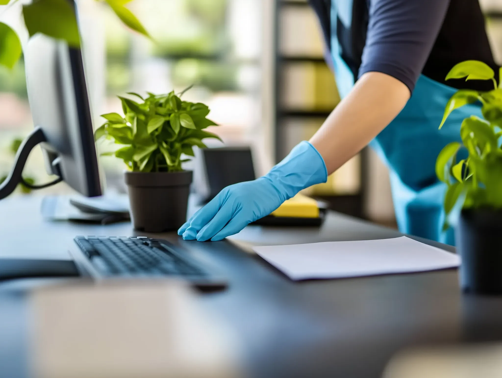 Person wearing blue gloves cleaning a computer keyboard on a desk in an office space with green plants.